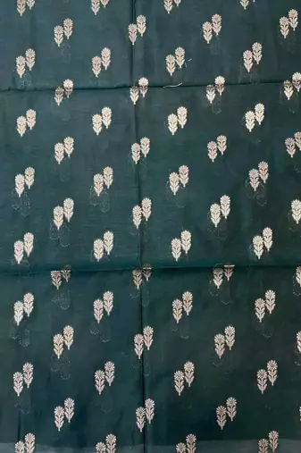 bottle green silk blend 3pcs unstiched dress material with floral booti zari work .