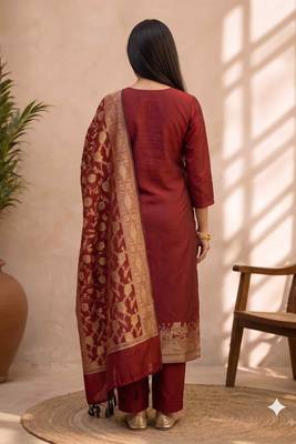 maroon silk blend 3pcs unstiched dress material with  kashi ganga ghat zari work . 2