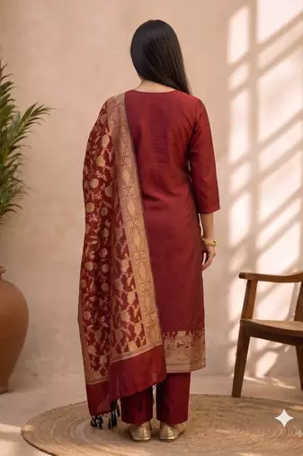maroon silk blend 3pcs unstiched dress material with  kashi ganga ghat zari work .