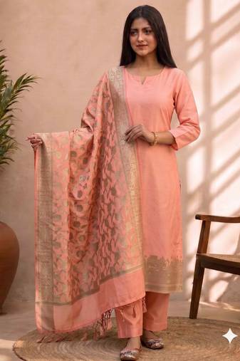 light pink silk blend 3pcs unstiched dress material with  kashi ganga ghat zari work .