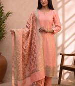 light pink silk blend 3pcs unstiched dress material with  kashi ganga ghat zari work .