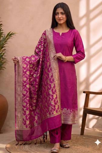 rani pink silk blend 3pcs unstiched dress material with  kashi ganga ghat zari work .