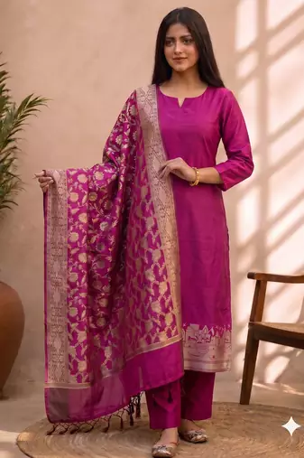 rani pink silk blend 3pcs unstiched dress material with  kashi ganga ghat zari work .