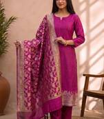 rani pink silk blend 3pcs unstiched dress material with  kashi ganga ghat zari work .