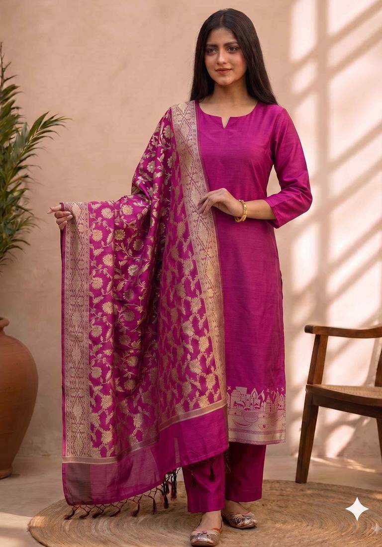 rani pink silk blend 3pcs unstiched dress material with  kashi ganga ghat zari work .