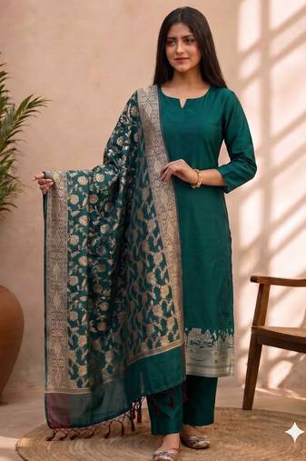 bottle green silk blend 3pcs unstiched dress material with  kashi ganga ghat zari work .