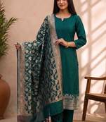 bottle green silk blend 3pcs unstiched dress material with  kashi ganga ghat zari work .