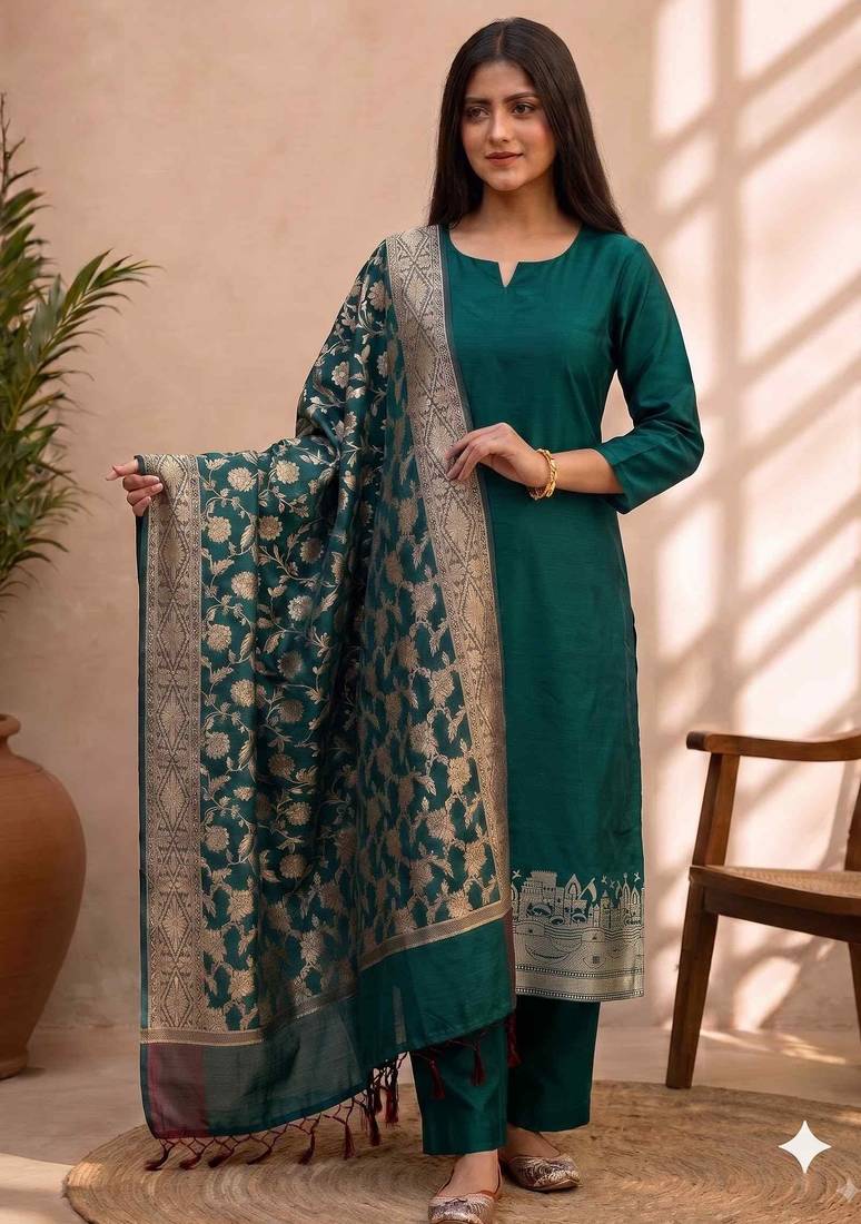 bottle green silk blend 3pcs unstiched dress material with  kashi ganga ghat zari work .