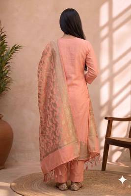 light pink silk blend 3pcs unstiched dress material with  kashi ganga ghat zari work . 2