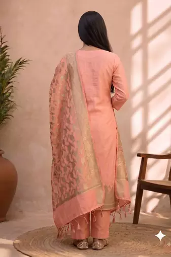 light pink silk blend 3pcs unstiched dress material with  kashi ganga ghat zari work .
