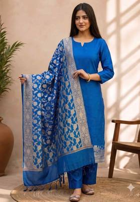 blue silk blend 3pcs unstiched dress material with  kashi ganga ghat zari work . 1