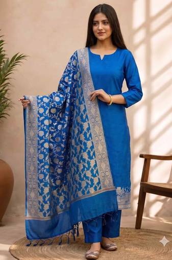 blue silk blend 3pcs unstiched dress material with  kashi ganga ghat zari work .