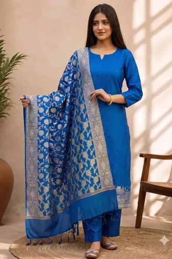 blue silk blend 3pcs unstiched dress material with  kashi ganga ghat zari work .