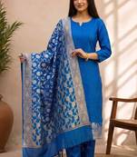 blue silk blend 3pcs unstiched dress material with  kashi ganga ghat zari work .