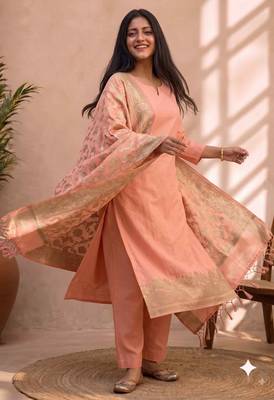 light pink silk blend 3pcs unstiched dress material with  kashi ganga ghat zari work . 3