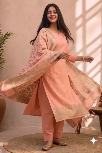 light pink silk blend 3pcs unstiched dress material with  kashi ganga ghat zari work .