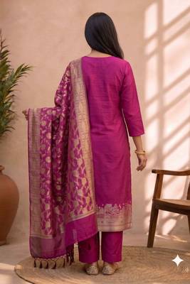 rani pink silk blend 3pcs unstiched dress material with  kashi ganga ghat zari work . 2