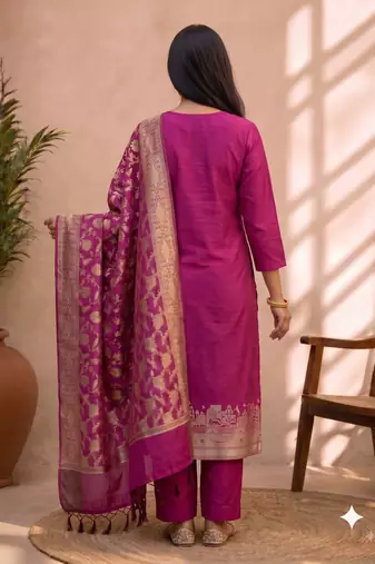 rani pink silk blend 3pcs unstiched dress material with  kashi ganga ghat zari work .