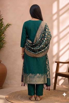 bottle green silk blend 3pcs unstiched dress material with  kashi ganga ghat zari work . 2