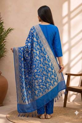 blue silk blend 3pcs unstiched dress material with  kashi ganga ghat zari work . 2