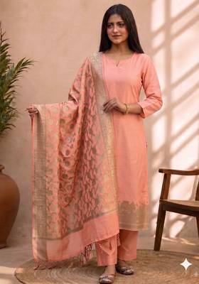 light pink silk blend 3pcs unstiched dress material with  kashi ganga ghat zari work . 4