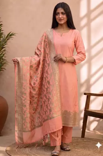 light pink silk blend 3pcs unstiched dress material with  kashi ganga ghat zari work .