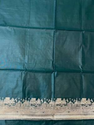 bottle green silk blend 3pcs unstiched dress material with  kashi ganga ghat zari work . 3