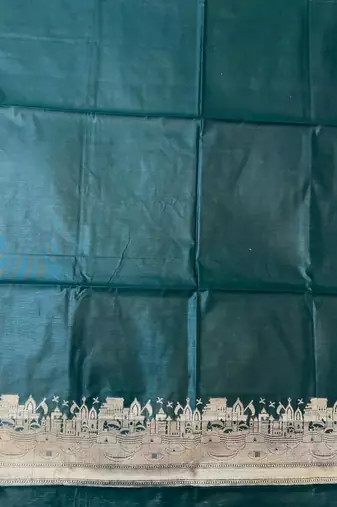 bottle green silk blend 3pcs unstiched dress material with  kashi ganga ghat zari work .