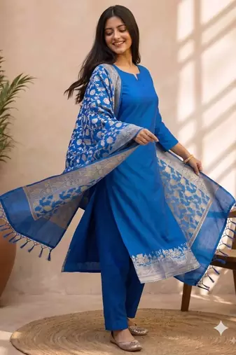 blue silk blend 3pcs unstiched dress material with  kashi ganga ghat zari work .