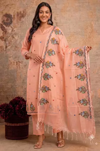 Peach kota doria 3pcs unstiched dress material with beautiful floral embroidery work .