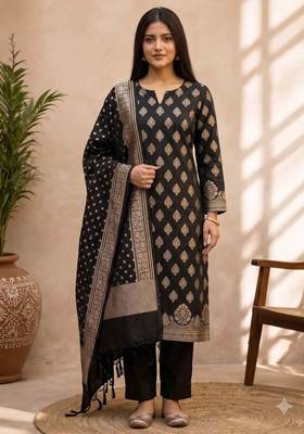 black silk blend 3pcs unstiched dress material with floral boota zari work . 3