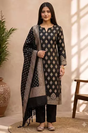 black silk blend 3pcs unstiched dress material with floral boota zari work .