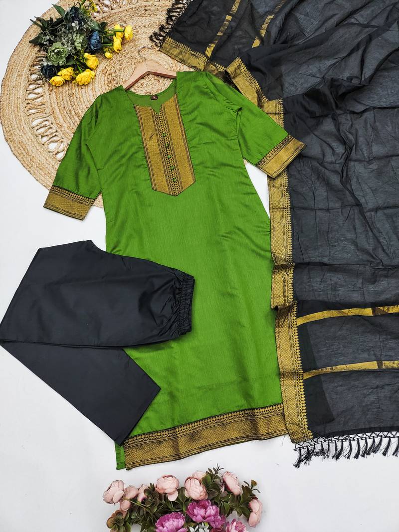 Mahendi woven jacquard straight kurti dupatta with pant