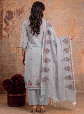 Grey kota doria 3pcs unstiched dress material with beautiful floral embroidery work . 4