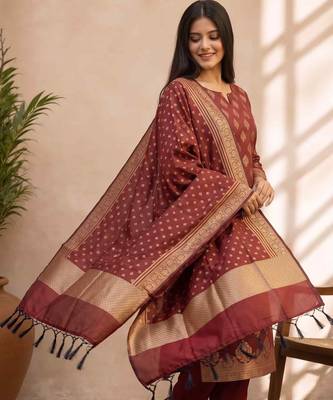 maroon silk blend 3pcs Unstitched dress material with floral boota zari work . 4