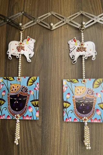 shubh labh cow shrinath ji mdf hanging for home decor pack of 2