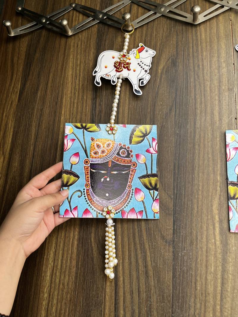 shubh labh cow shrinath ji mdf hanging for home decor pack of 2