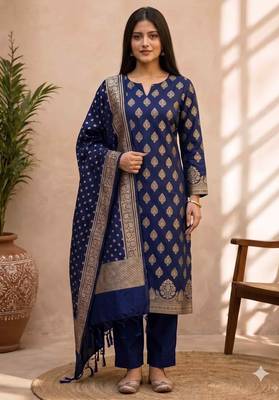 navy blue silk blend 3pcs unstiched dress material with floral boota zari work . 4
