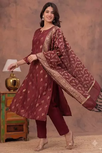 maroon silk blend 3pcs unstiched dress material with floral booti zari work .