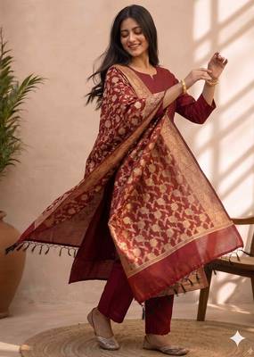 maroon silk blend 3pcs unstiched dress material with  kashi ganga ghat zari work . 3