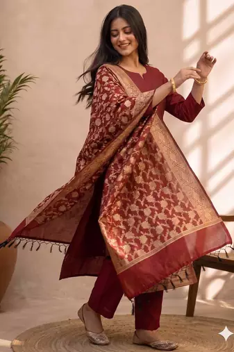 maroon silk blend 3pcs unstiched dress material with  kashi ganga ghat zari work .