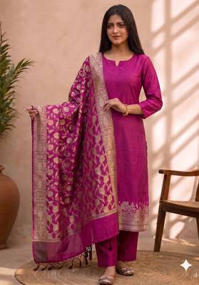 rani pink silk blend 3pcs unstiched dress material with  kashi ganga ghat zari work . 3