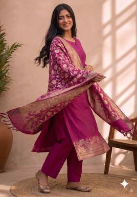 rani pink silk blend 3pcs unstiched dress material with  kashi ganga ghat zari work . 4