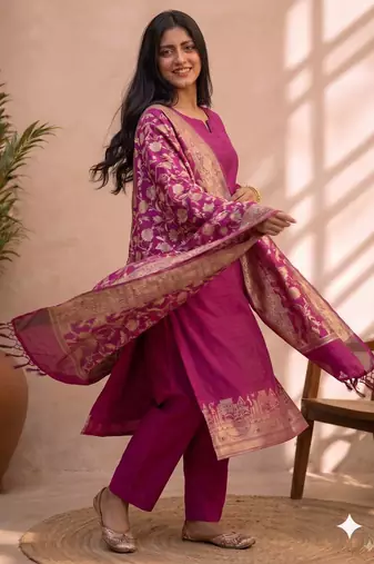 rani pink silk blend 3pcs unstiched dress material with  kashi ganga ghat zari work .