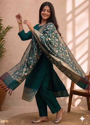 bottle green silk blend 3pcs unstiched dress material with  kashi ganga ghat zari work . 4