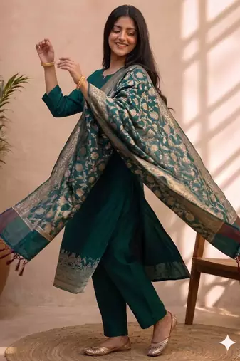 bottle green silk blend 3pcs unstiched dress material with  kashi ganga ghat zari work .