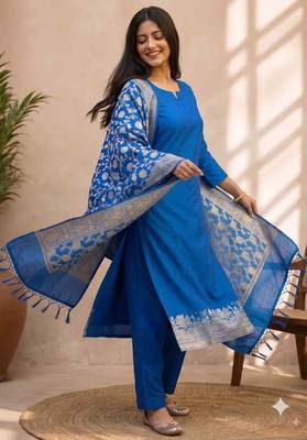 blue silk blend 3pcs unstiched dress material with  kashi ganga ghat zari work . 4