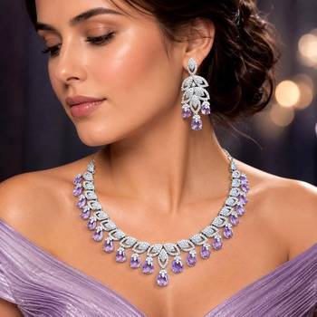 Purple Teardrop CZ Bridal Jewelry Set, Lavender Crystal Necklace Earrings, Prom Formal Evening 1