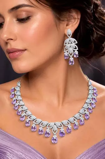Purple Teardrop CZ Bridal Jewelry Set, Lavender Crystal Necklace Earrings, Prom Formal Evening