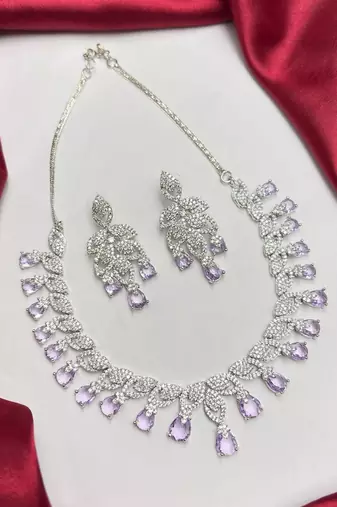 Purple Teardrop CZ Bridal Jewelry Set, Lavender Crystal Necklace Earrings, Prom Formal Evening